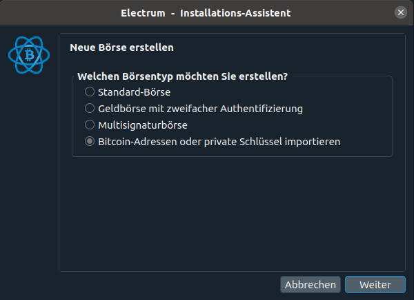 Electrum Wallet private Schlüssel importieren