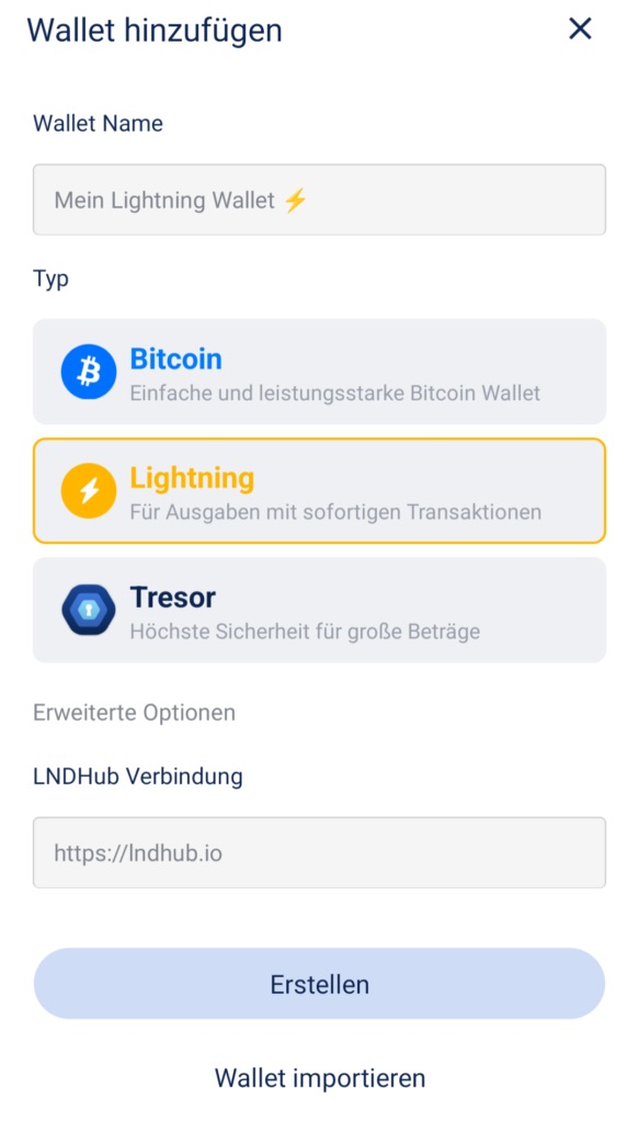 Bluewallet Lightning Wallet erstellen